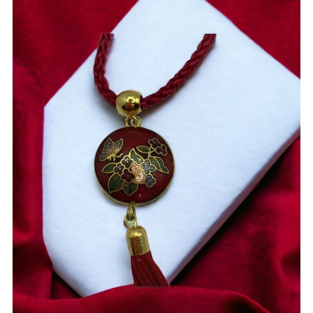Vintage Asian Red Double Sided Butterfly Cloisonné Pendant Tassel Necklace 19"